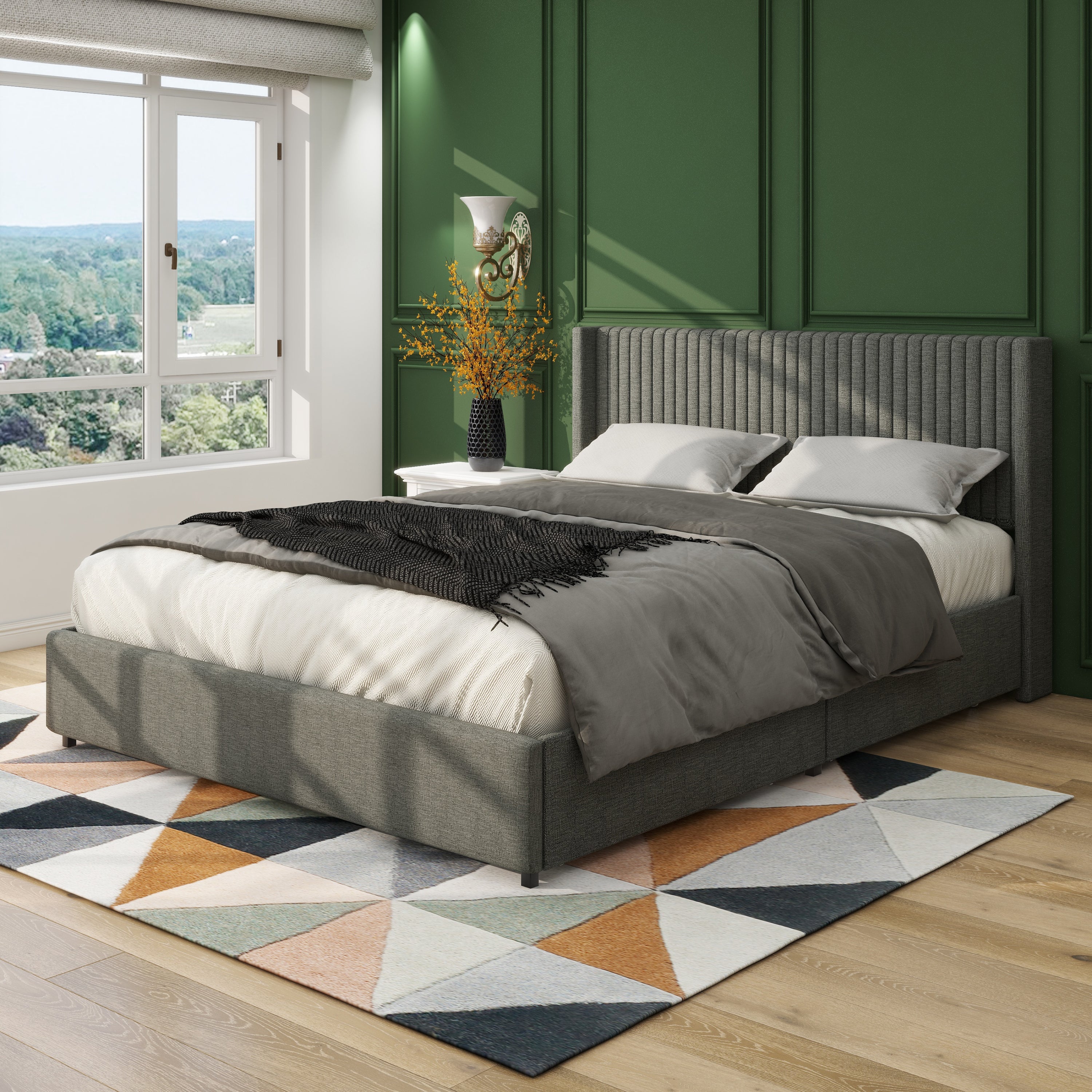 Anna Full Size Gray Linen Upholstered Wingback Platform Bed with Patented 4 Drawers Storage, Modern Design Headboard with Tight Channel, Wooden Slat Mattress Support No Box Spring Needed - Atlantic Fine Furniture Melbourne FL