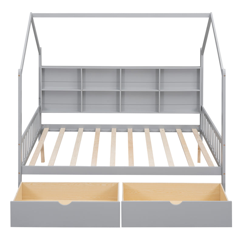 Wooden Full Size House Bed with 2 Drawers,Kids Bed with Storage Shelf, Gray(Expected Arrival Time: 5.15)