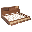Full Size Wooden Daybed with 3 Storage Drawers, Upper Soft Board, shelf, and a set of Sockets and USB Ports, Brown
