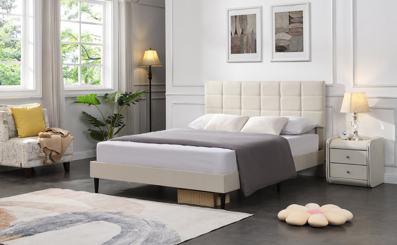 Full Size Platform Bed Frame with Fabric Upholstered Headboard and Wooden Slats, No Box Spring Needed/Easy Assembly, Beige