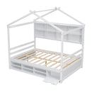Full House Bed with Roof Frame, Bedside-shelves, Under Bed Storage Unit,White