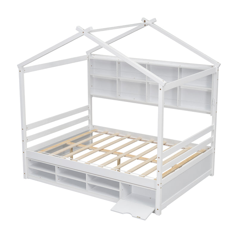 Full House Bed with Roof Frame, Bedside-shelves, Under Bed Storage Unit,White