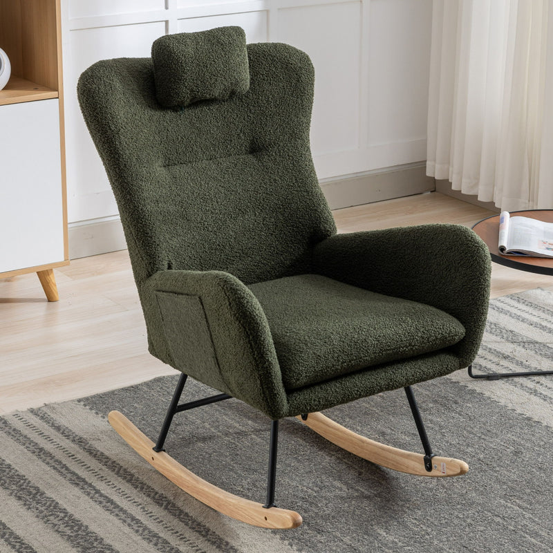 Rocking Chair With Pocket, Soft Teddy Fabric Rocking Chair For Nursery, Comfy Wingback Glider Rocker With Safe Solid Wood Base