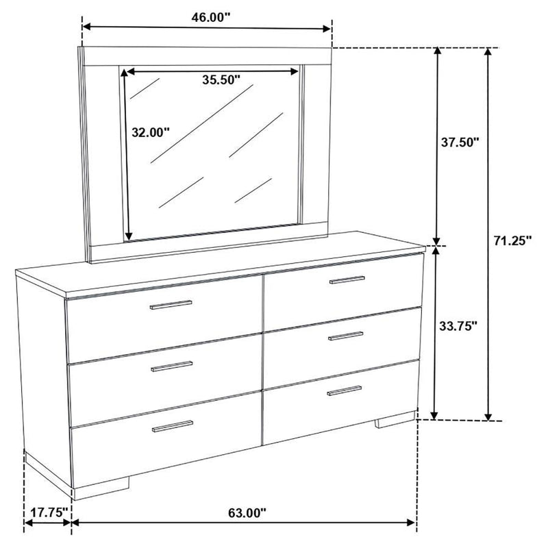 Felicity - 6-Drawer Wood Dresser With Mirror - White High Gloss