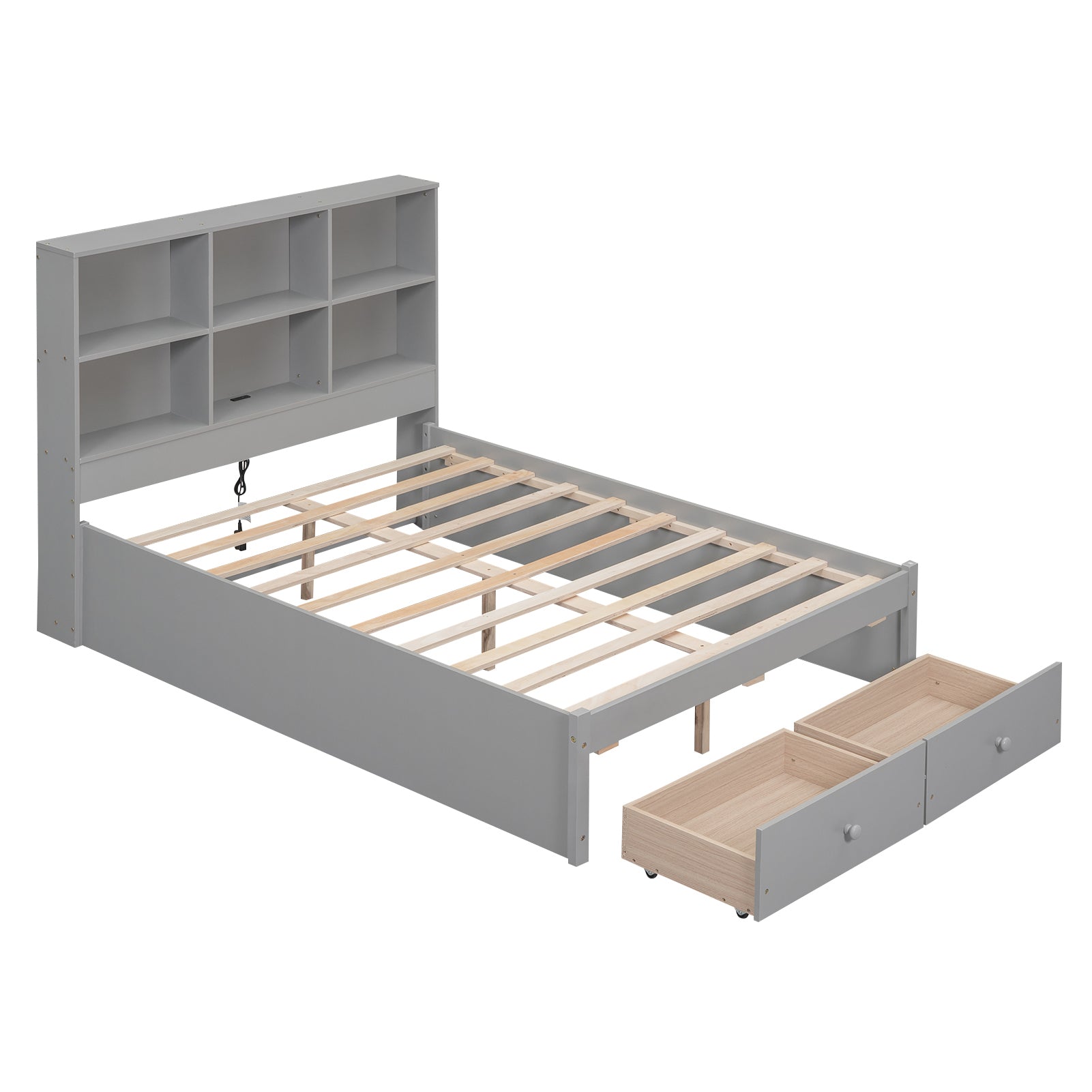 Full Size Platform Bed with Storage Headboard, Charging Station and 2 Drawers, Gray - Atlantic Fine Furniture Melbourne FL