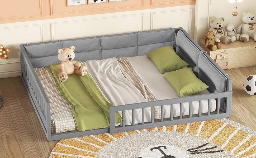 Wood Full Size Upholstered Platform Bed with Guardrail and Pillow, Gray - Atlantic Fine Furniture Melbourne FL
