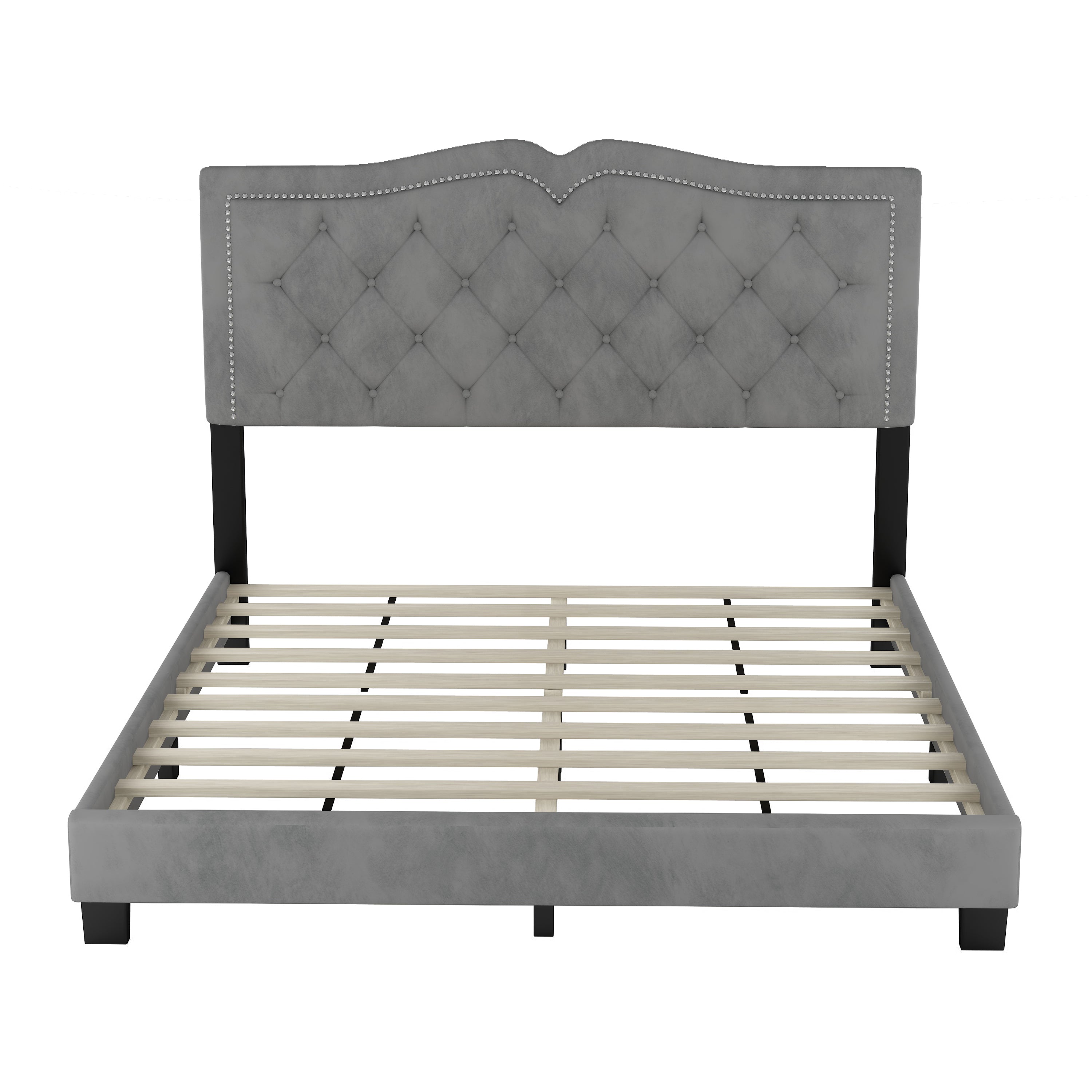Queen Size Upholstered Bed Frame with Rivet Design, Modern Velvet Platform Bed with Tufted Headboard,Gray - Atlantic Fine Furniture Melbourne FL