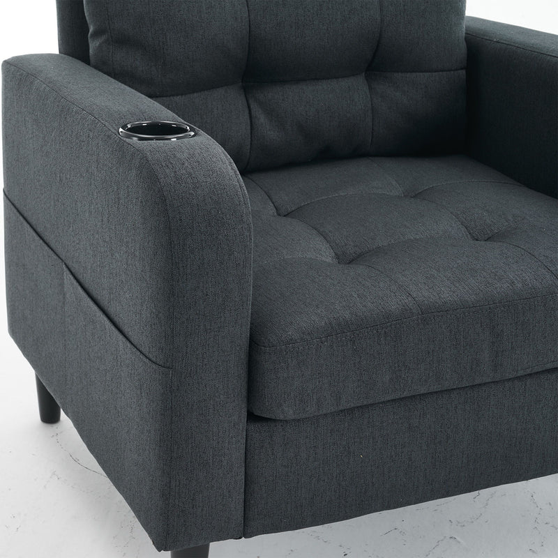 Upholstered Armchair And Storage Ottoman Set, Comfortable Single Sofa With Cup Holders And Tufted Detailing, Ideal For Living Room Or Bedroom - Dark Gray