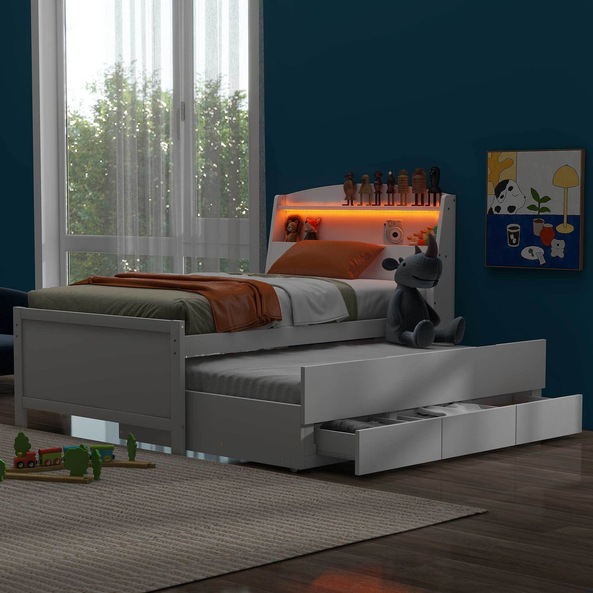 Twin Size Platform Bed with Storage LED Headboard, Twin Size Trundle and 3 Drawers, White - Atlantic Fine Furniture Melbourne FL