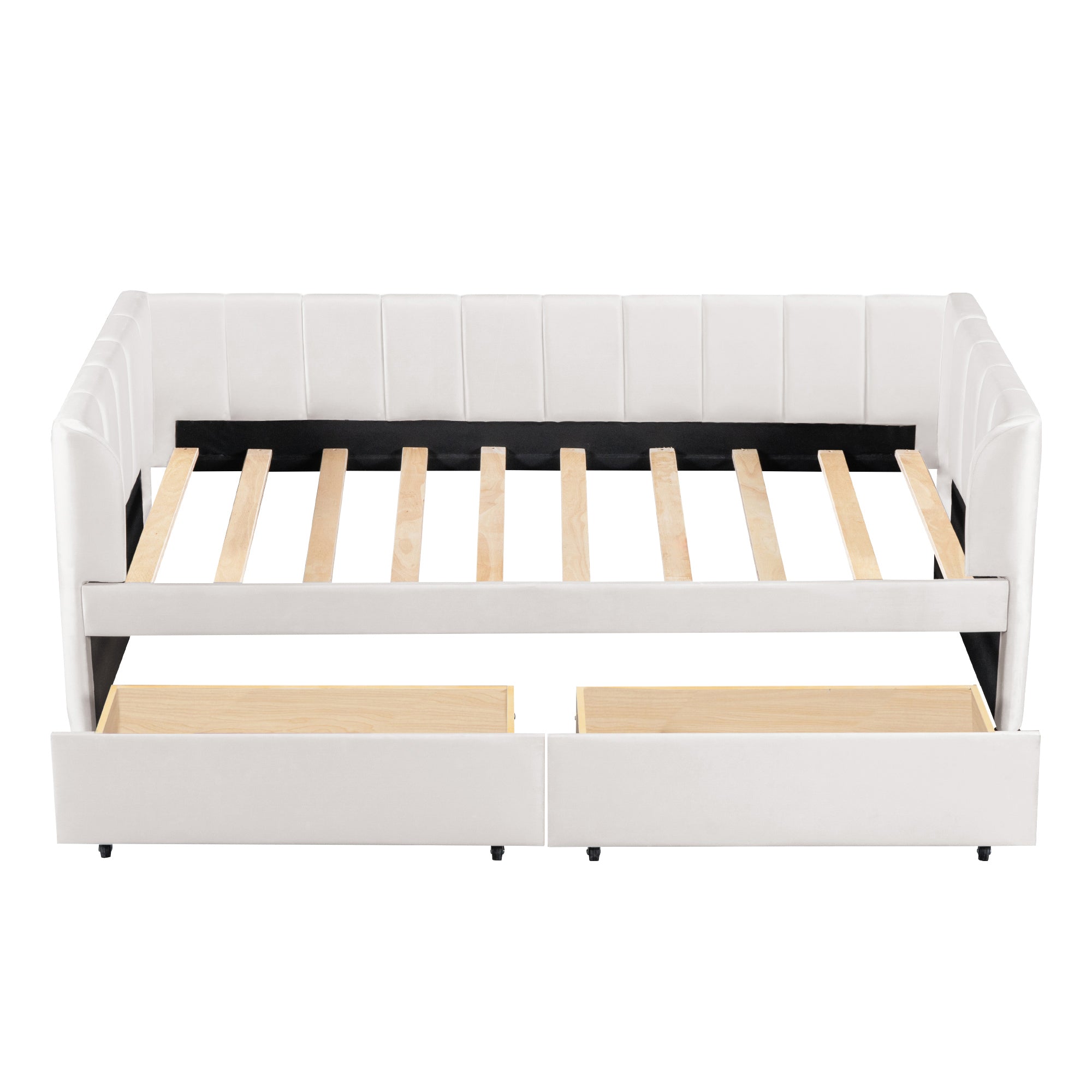 Twin Size Upholstered Daybed with Ergonomic Design Backrest and 2 Drawers, Beige - Atlantic Fine Furniture Melbourne FL
