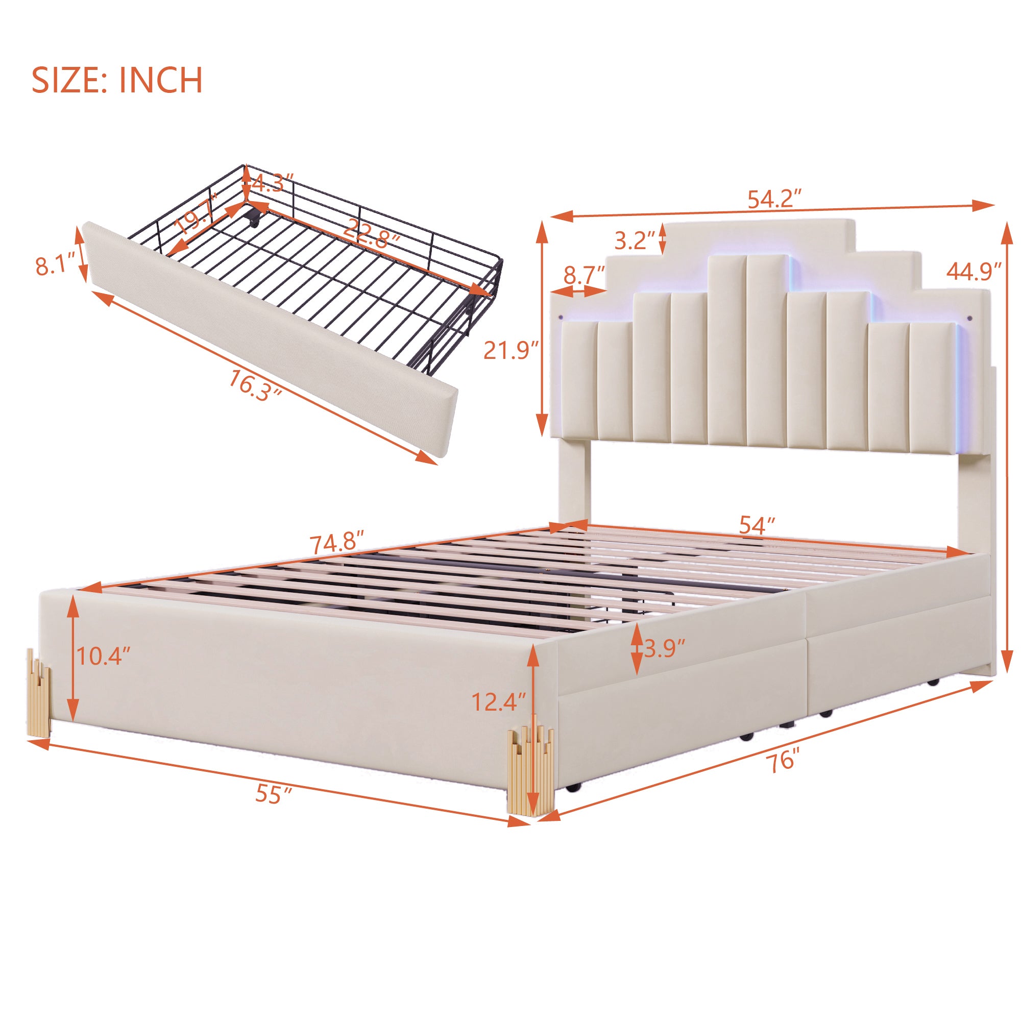Full Size Upholstered Platform Bed with LED Lights and 4 Drawers, Stylish Irregular Metal Bed Legs Design, Beige - Atlantic Fine Furniture Melbourne FL