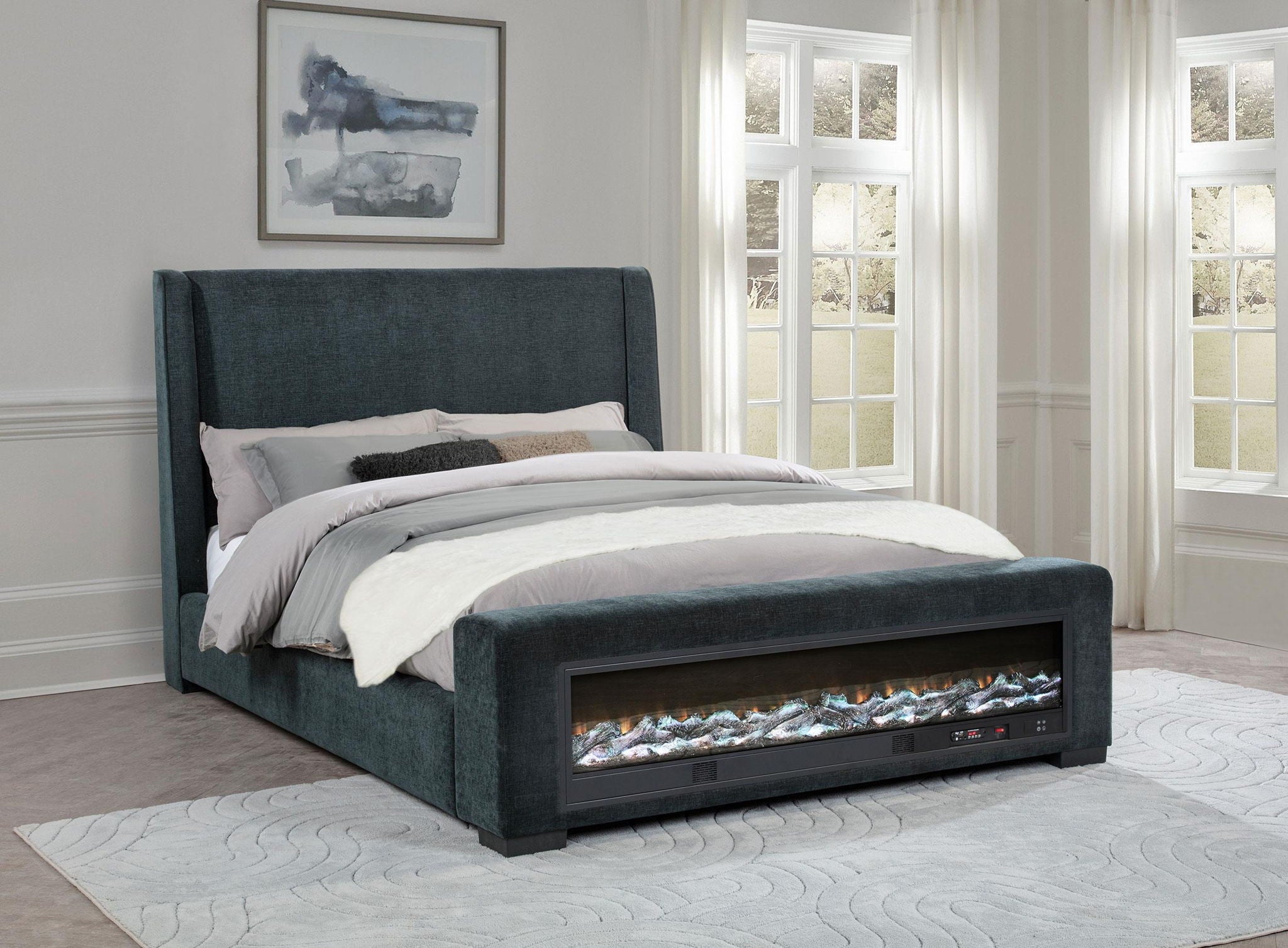 Preston Upholstered California King Audio Flame Visualizer Bed Dark Blue
