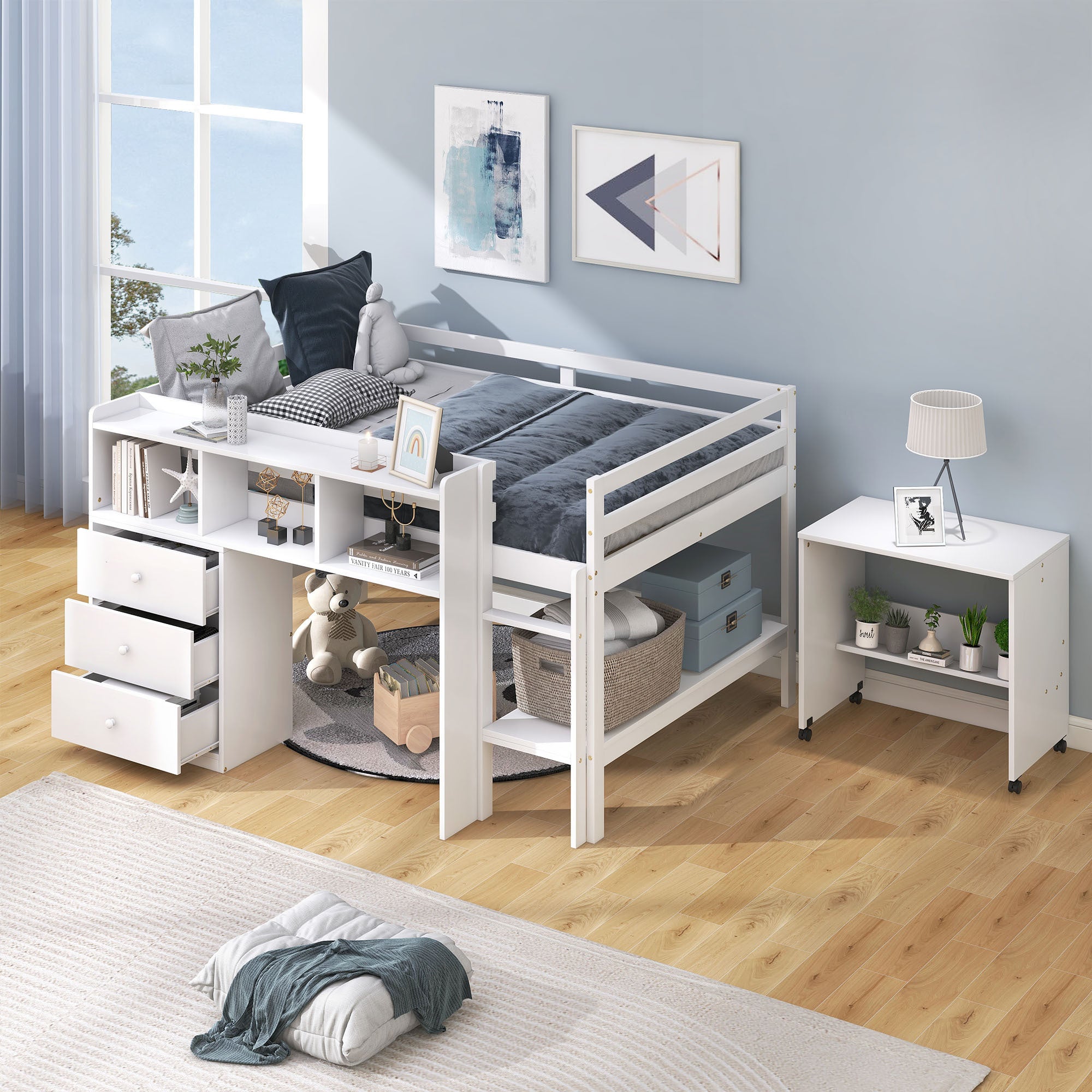 Full Size Low Loft Bed with Rolling Portable Desk, Drawers and Shelves, White(Old SKU: GX000711AAK)
