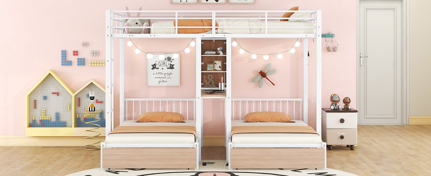 Full Over Twin & Twin Triple Bunk Bed with Drawers, Multi-functional Metal Frame Bed with desks and shelves in the middle, White - Atlantic Fine Furniture Melbourne FL