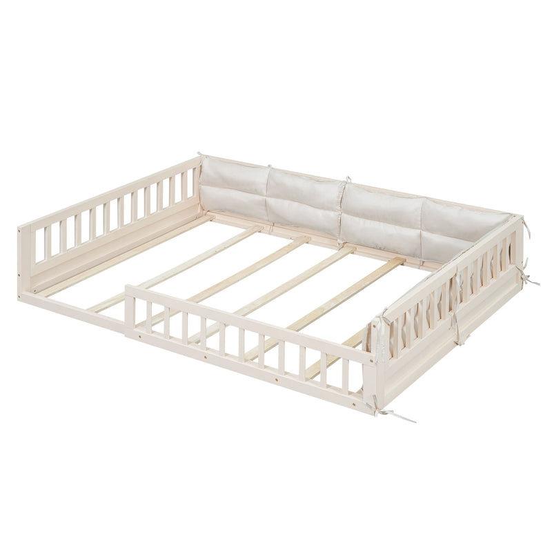 Wood Full Size Upholstered Platform Bed With Guardrail And Pillow - Beige