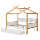Wooden House Bed Original Wood Colored Frame With Bookshelf Storage Space