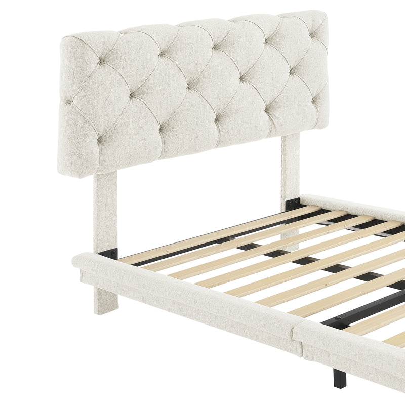 Twin Size Upholstered Bed with Light Stripe, Floating Platform Bed, Linen Fabric,Beige