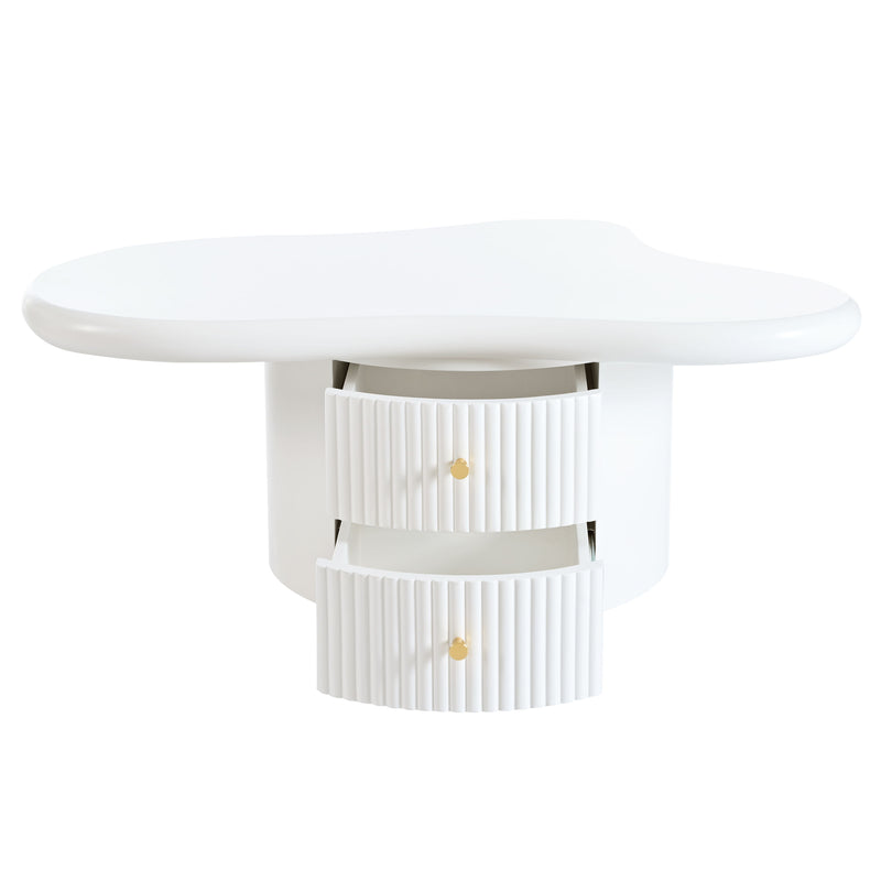 Cloud - Coffee Table (Set of 3), Irregular Shape Coffee Table With 2 Drawers, 2 Small Stools For Living Room - White
