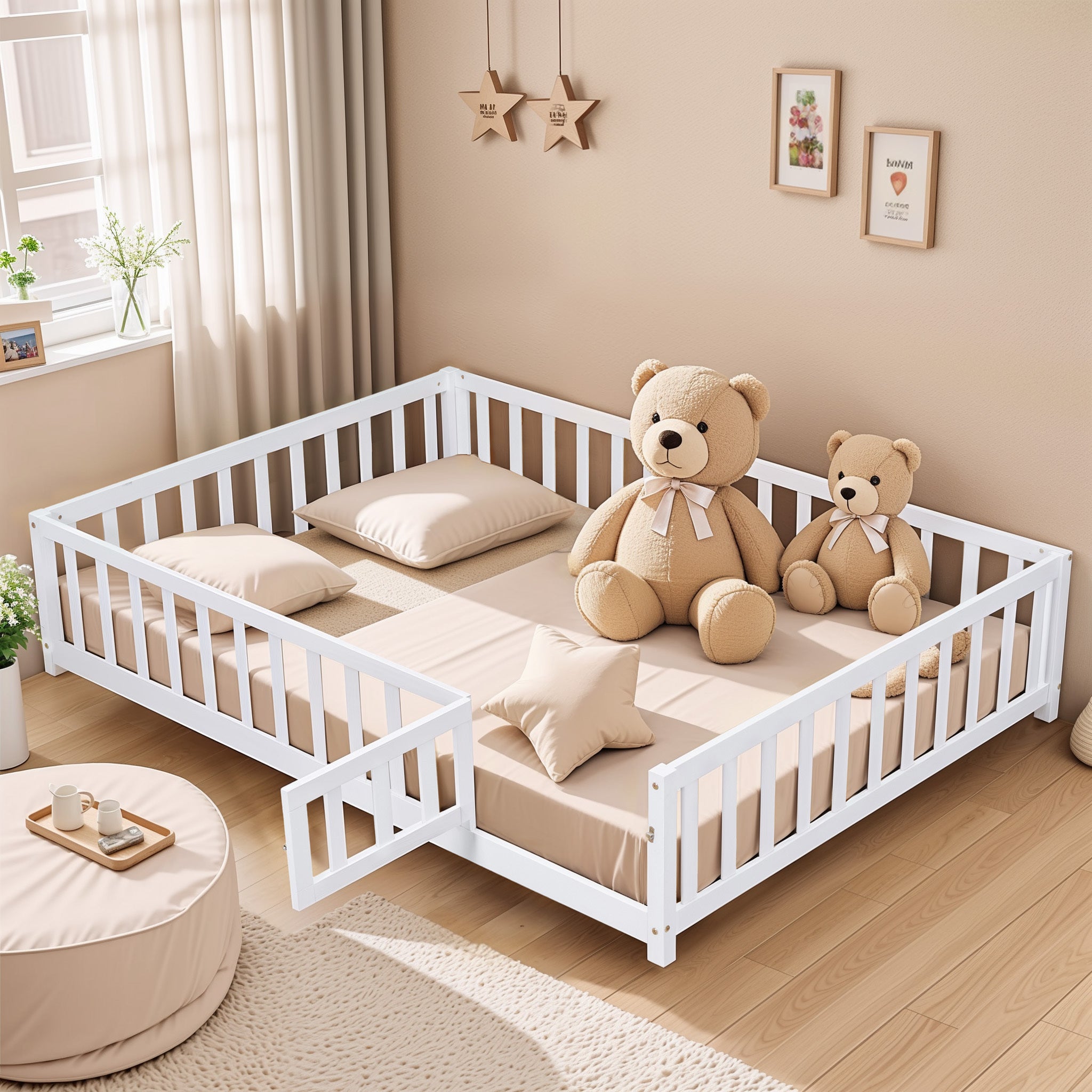 Full Size Floor Platform Bed with Fence and Door for Kids, Montessori Floor Bed Frame with Support Slats for Toddlers, Wooden Floor Bed White - Atlantic Fine Furniture Melbourne FL