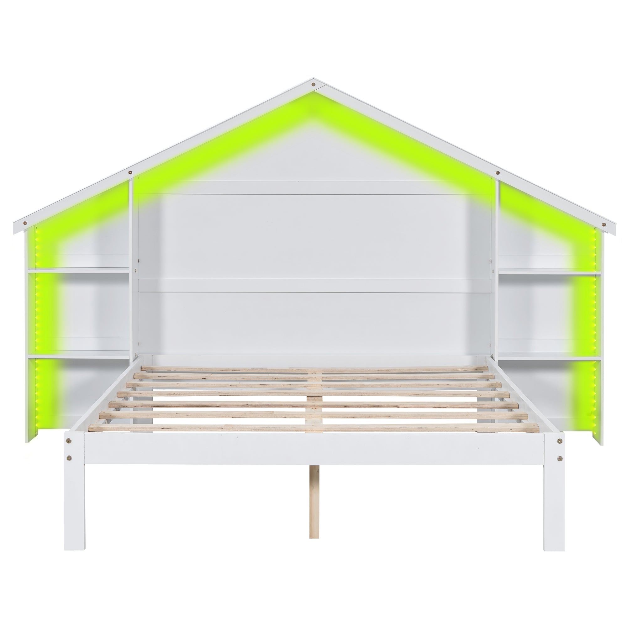 Wood Full Size Platform Bed with House-shaped Storage Headboard and Built-in LED, White - Atlantic Fine Furniture Melbourne FL
