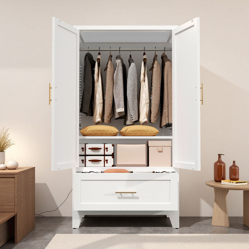 Wardrobe Cabinet With 1 Drawer And Hanging Rod, 2 Doors Closet With Shelf For Bedroom - White