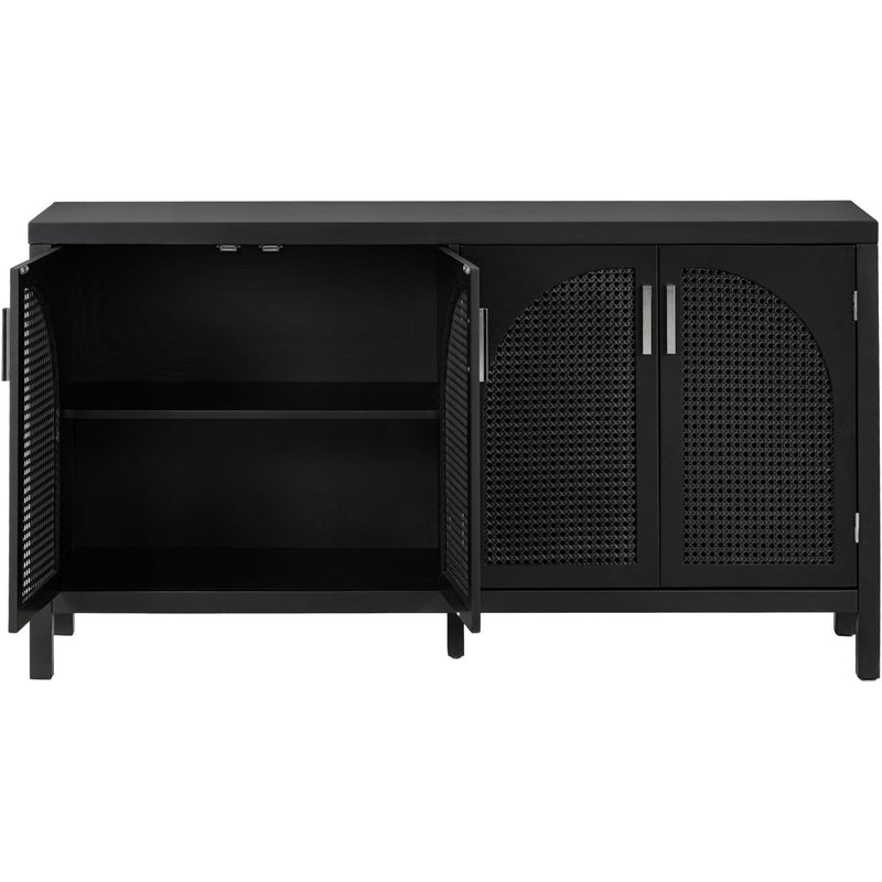 Large Storage Space Sideboard With Artificial Rattan Door And Metal Handles For Living Room And Entryway - Black