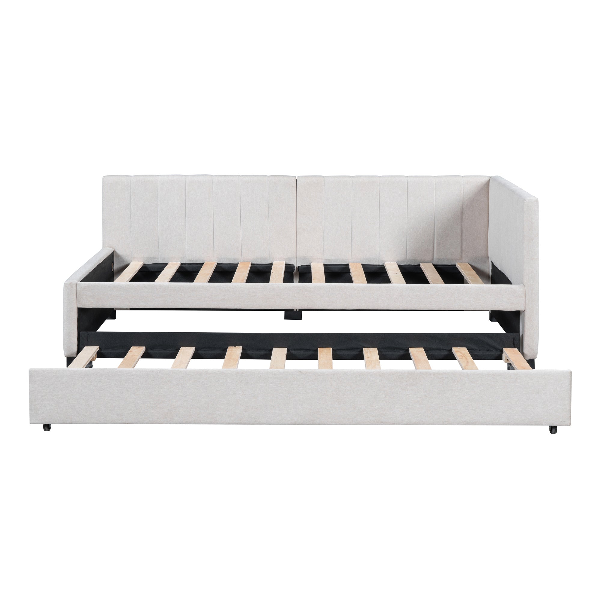 Upholstered Daybed with Trundle Twin Size Sofa Bed Frame No Box Spring Needed, Linen Fabric(Beige) - Atlantic Fine Furniture Melbourne FL