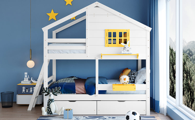 Twin over Twin Bunk Bed with 2 Drawers, 1 Storage Box, 1 Shelf, Window and Roof-White(OLD SKU:LT000608AAK)