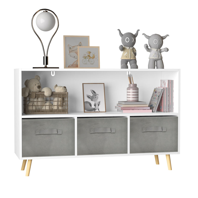 Kids Bookcase With Collapsible Fabric Drawers, Children's Book Display, Toy Storage Cabinet Organizer - White / Gray