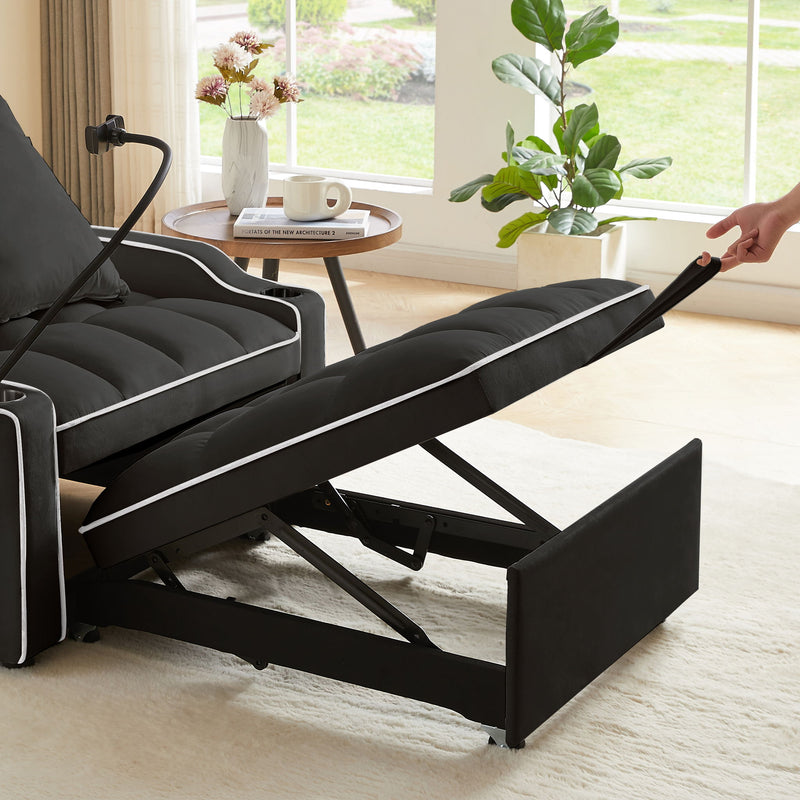 Convertible 3 In 1 Sofa Bed With Adjustable Sleeper Chair And Multi Pockets - Black