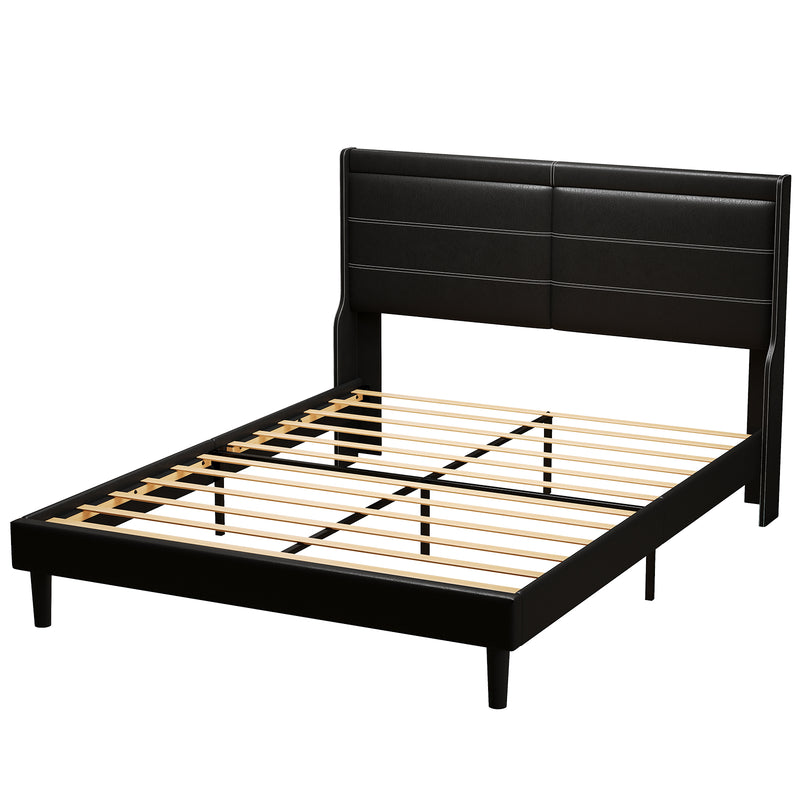 Stylish Queen Size PU Leather Upholstered Bed Frame Platform Bed with Lights Stitched Wing-backed Headboard Strong Wooden Slats Bed Canopy No Box Spring Needed Black