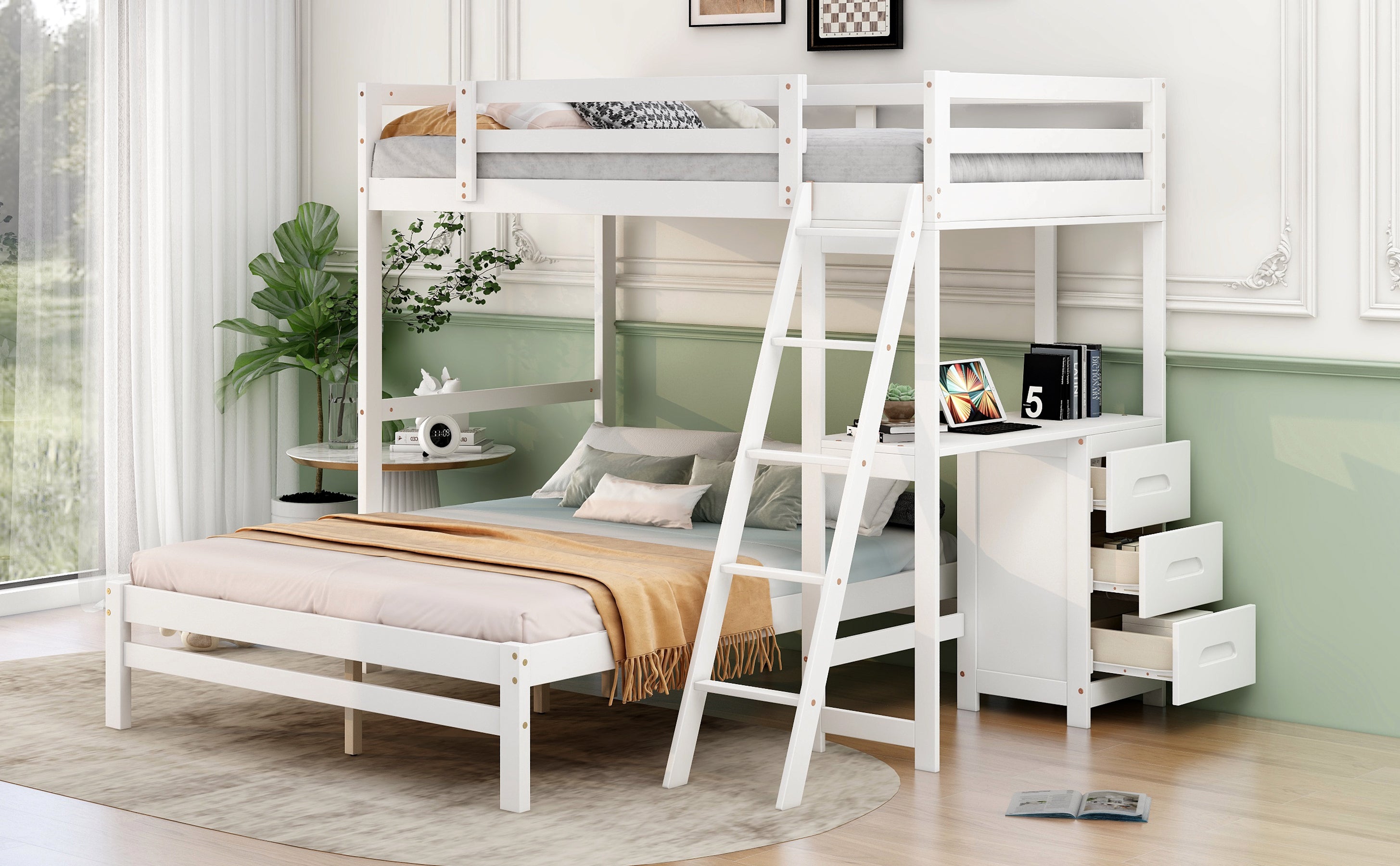 Twin over Full Bunk Bed with Built-in Desk and Three Drawers,White - Atlantic Fine Furniture Melbourne FL
