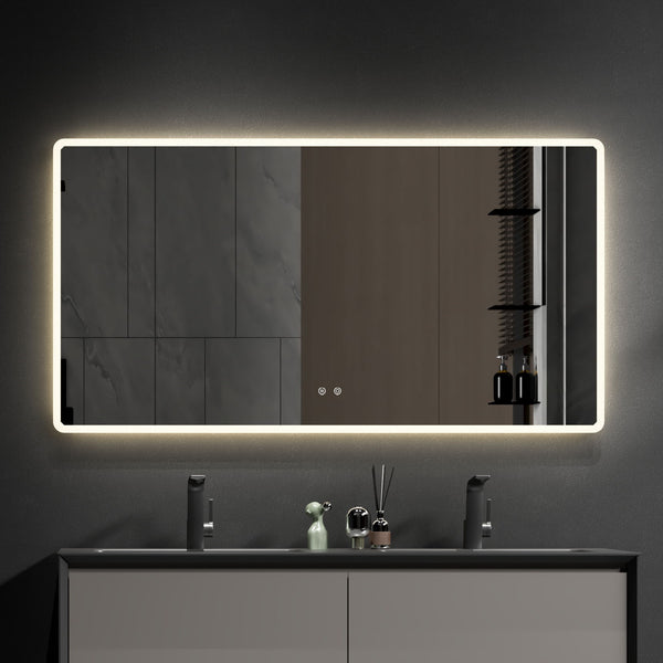 Modern Wall Mounted LED Backlit Anti-Fog Rounded Rectangular Bathroom Mirror With Us Standard Plug, Temperature Adjustable And Memory Function Touch Switch