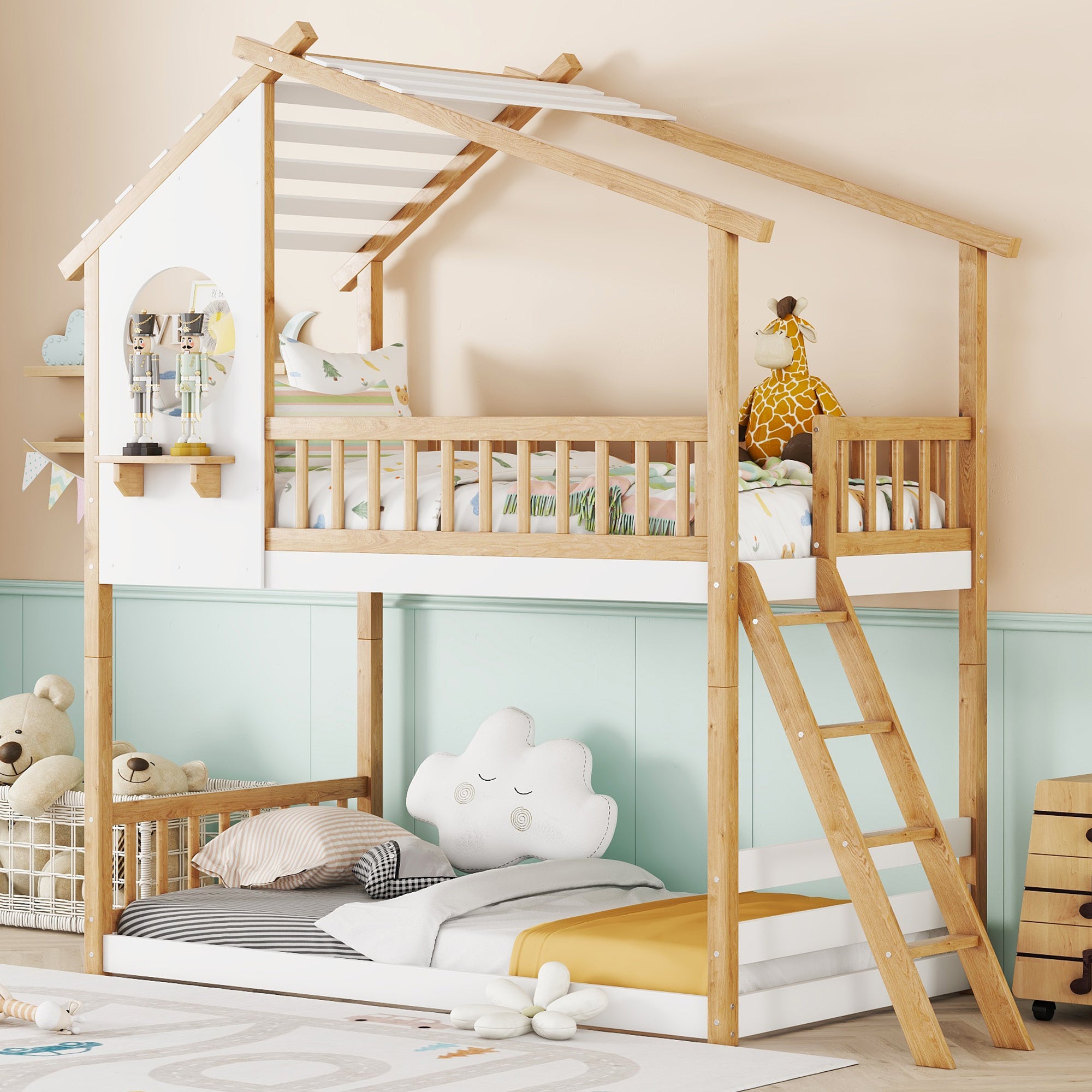 Twin Over Twin Bunk Bed Wood Bed with Roof, Window, Ladder,Natural(OLD SKU :LT100008AAD) - Atlantic Fine Furniture Melbourne FL