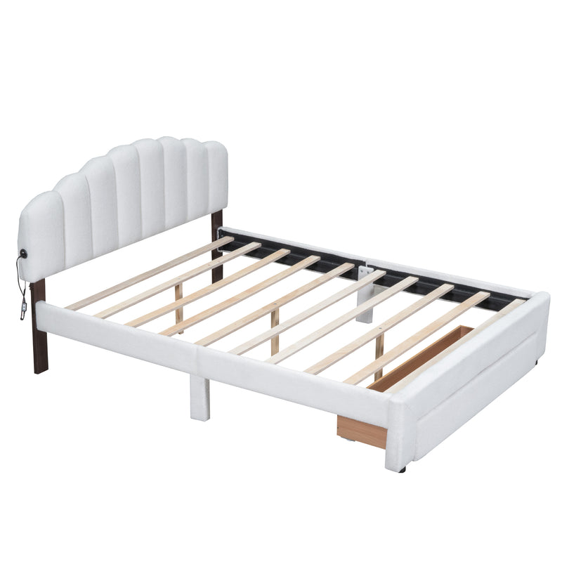 Teddy Fleece Queen Size Upholstered Platform Bed with Drawer, White