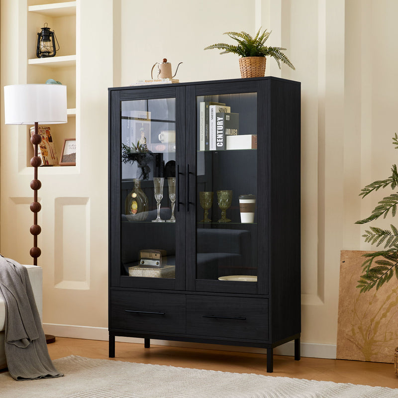 Modern Style Tall Display Cabinet With LED Lighting, Tempered Glass Door, 2 Drawers