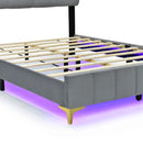 Full Size Velvet Platform Bed with LED Frame and Stylish Mental Bed Legs, Gray