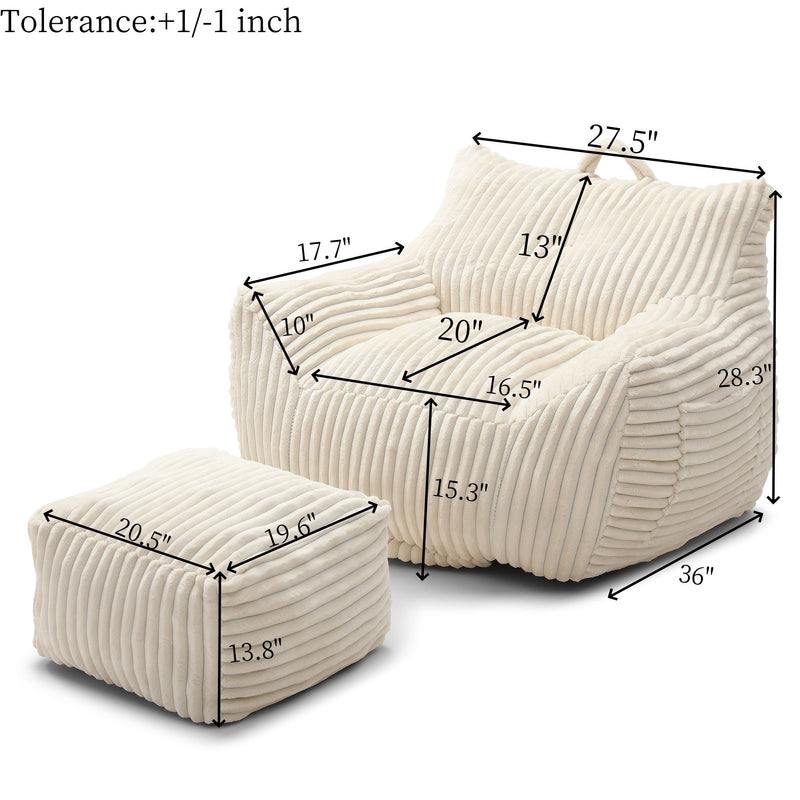 Giant Plush Bean Bag Chair With Armrests And Footstool