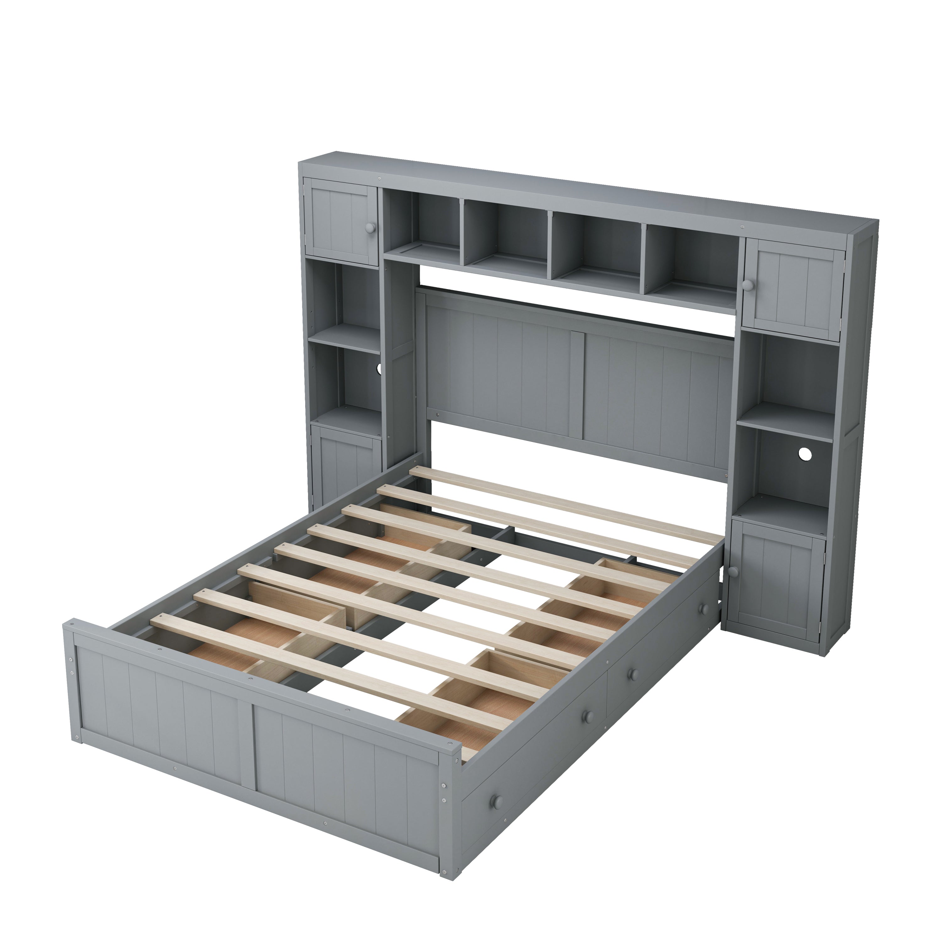 Elegant and Functional Full Size Wood Bed with 4 Drawers and All-in-One Cabinet and Shelf, Grey