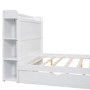 Full Size Platform Bed with Storage Headboard and Twin Size Trundle, White
