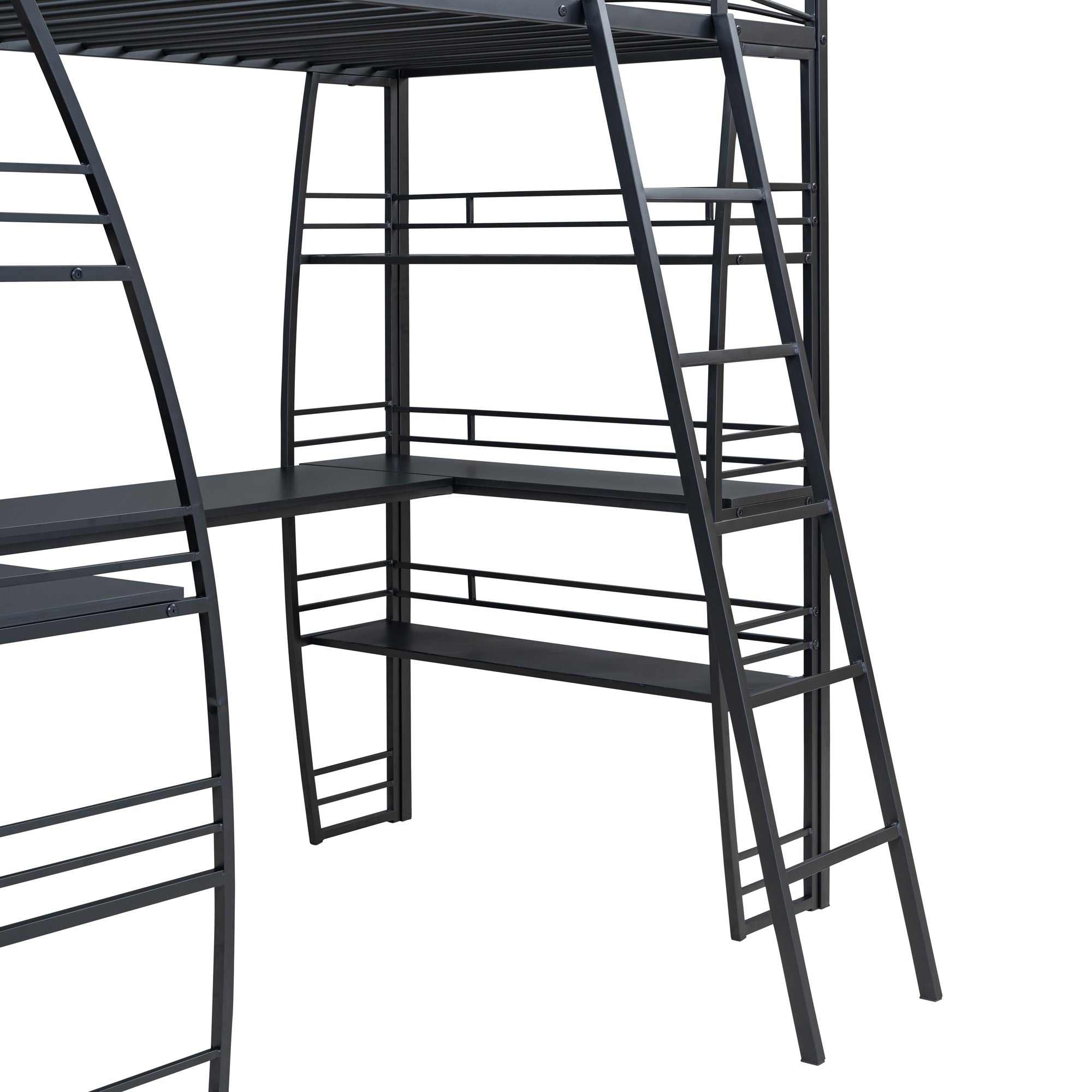 Twin Size Loft Bed with 4 Layers of Shelves and L-shaped Desk, Stylish Metal Frame Bed with a set of Sockets, USB Ports and Wireless Charging, Black - Atlantic Fine Furniture Melbourne FL