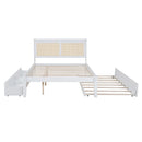 Full Size Elegant Bed Frame with Rattan Headboard and Sockets ,White