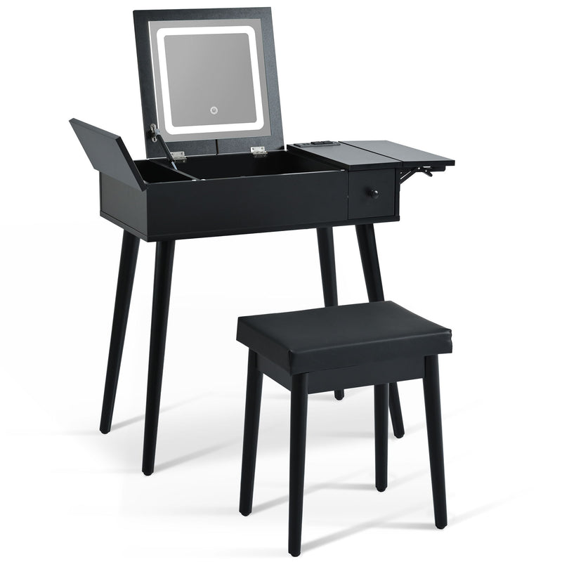Makeup Vanity Desk With Flip Top Mirror And LED Light, Dressing Table With Charging Station, 2 Drawers And Fold Up Panel, Vanity Set With Cushioned Stool For Bedroom - Black