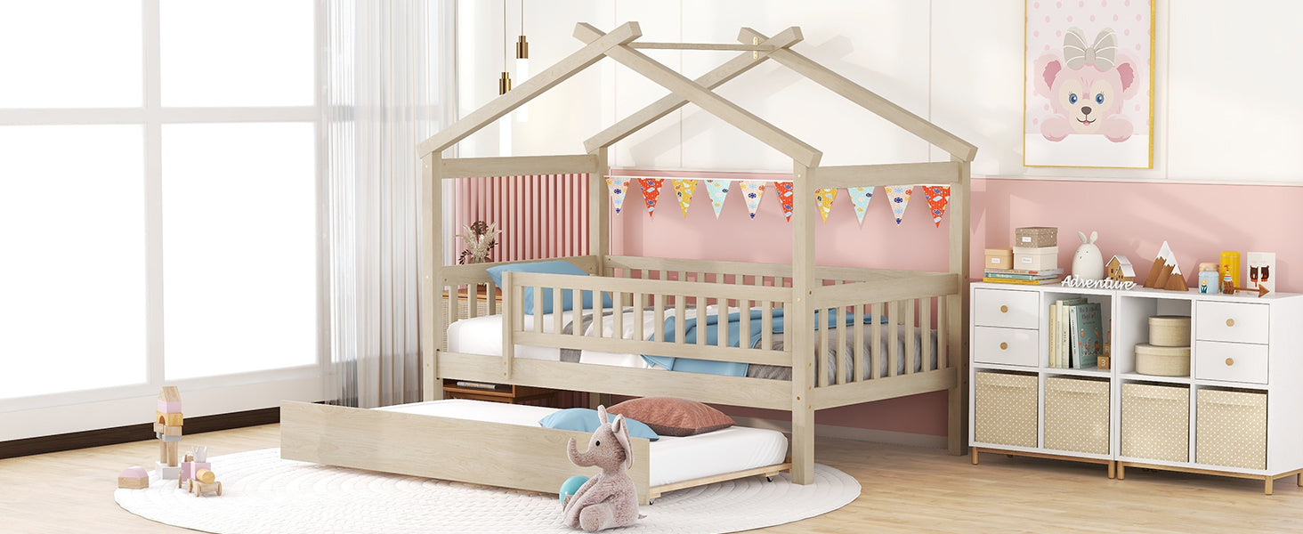 Twin Size Wooden House Bed with Twin Size Trundle, Natural - Atlantic Fine Furniture Melbourne FL