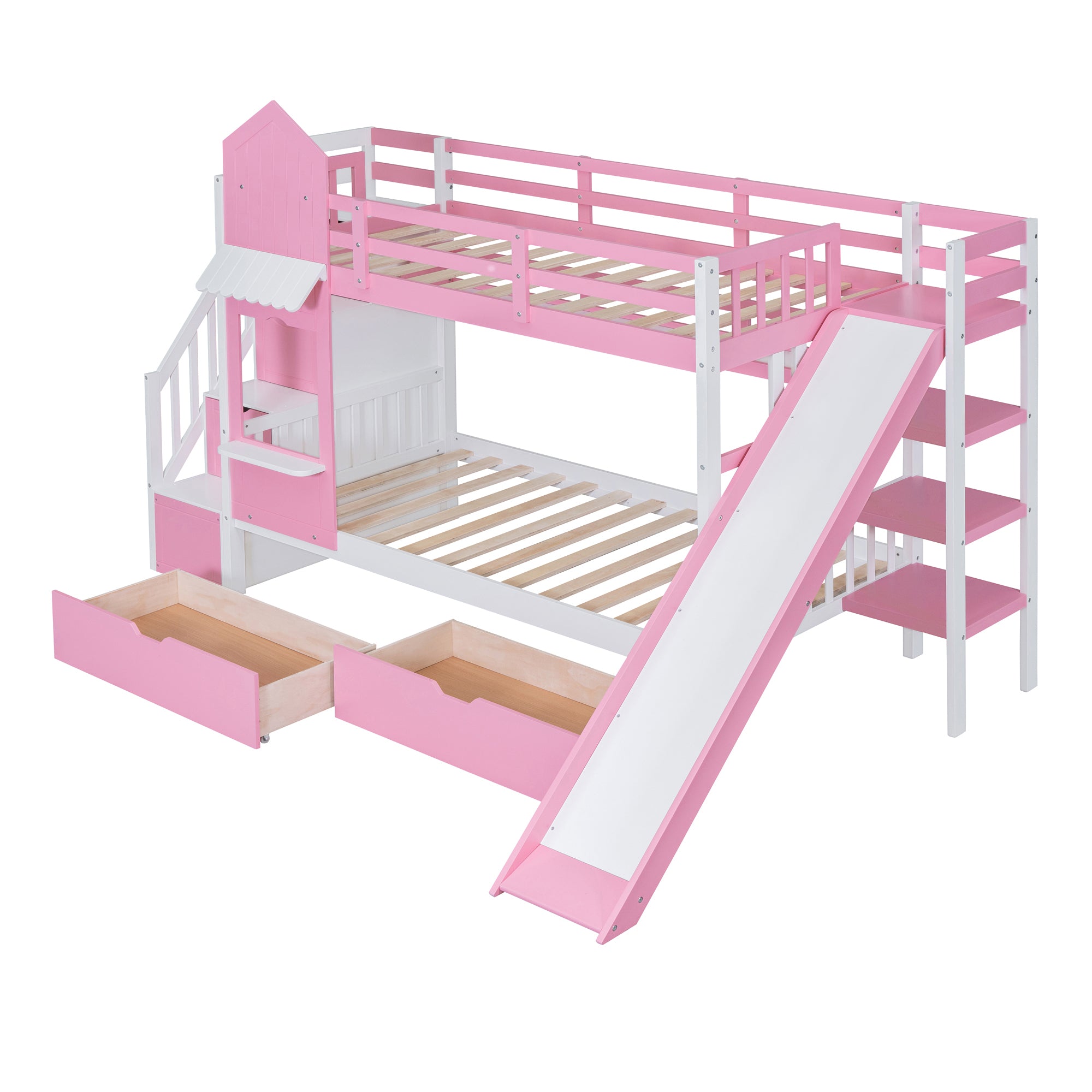 Twin-Over-Twin Castle Style Bunk Bed with 2 Drawers 3 Shelves and Slide - Pink - Atlantic Fine Furniture Melbourne FL