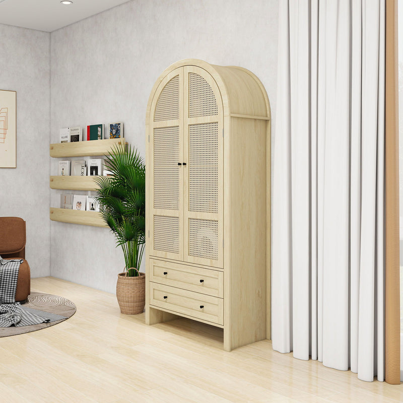 Tall Arched Kitchen Pantry, Arched Storage Display Cabinet With 2 Drawers & Adjustable Shelves, Rattan Door Versatile Storage Cabinet For Kitchen, Dining Room, Living Room - Natural