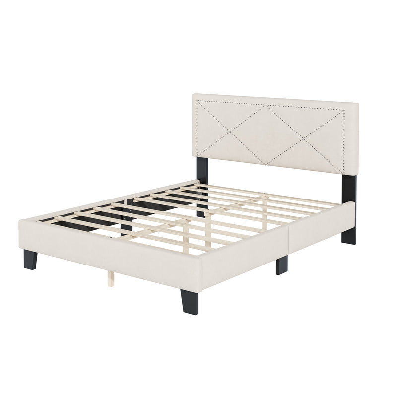 Simple Queen Size Upholstered Bed Frame with Rivet Design, Modern Velvet Platform Bed with headboard, Beige