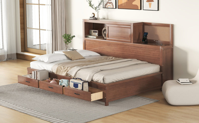 Full Size Wooden Daybed with 3 Storage Drawers, Upper Soft Board, shelf, and a set of Sockets and USB Ports, Brown