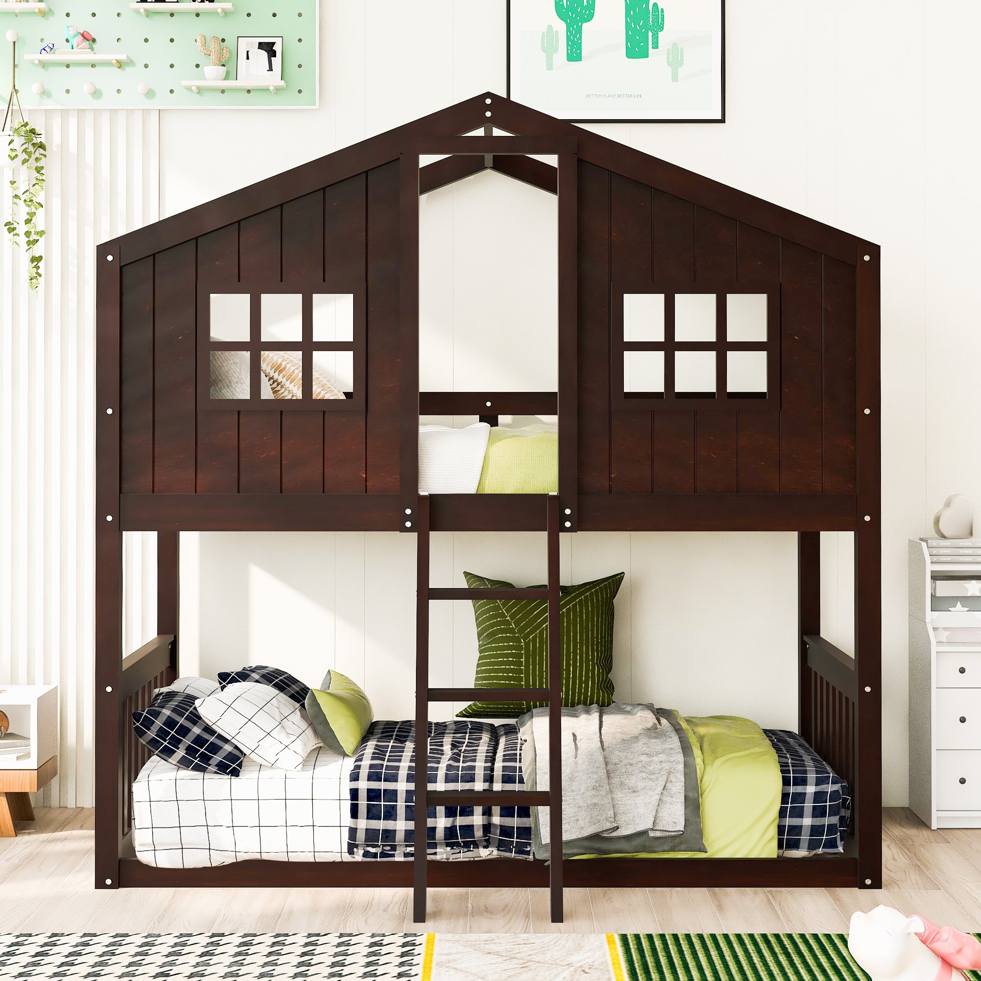 Twin Over Twin House Bunk Bed With Ladder, Wood Bed-Espresso - Atlantic Fine Furniture Melbourne FL