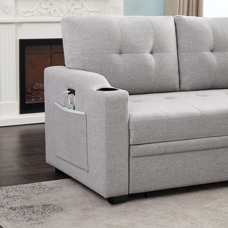 Mabel - Linen Fabric Sleeper Sectional With Cupholder, USB Charging Port And Pocket